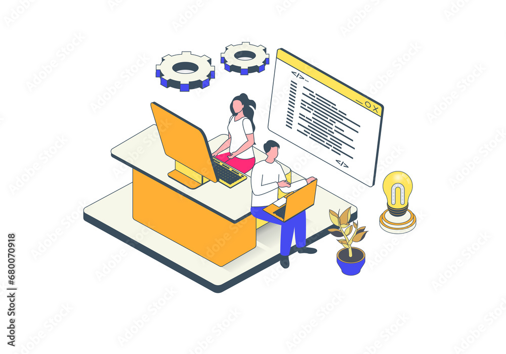 Aufkleber Software programming concept in 3d isometric design. Developer team work with code, testing computer programs and making optimization. Illustration with isometry people scene for web graphic.