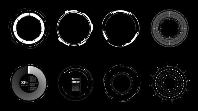 Complex HUD Circles pack. Futuristic user interface elements for overlay design. Digital circles isolated on the black background.