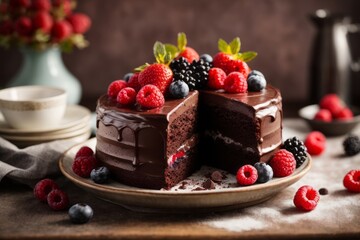 Close-up of a delicious beautiful chocolate cake decorated with strawberries, blackberries, raspberries, blueberries on the table.