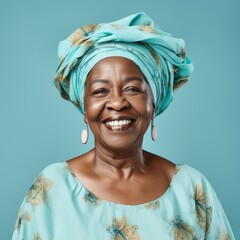 Portrait of a smiling elderly African woman wearing a headscarf on a blue background. Happy old African American woman with a smile in a turban looking at camera. Senior woman with shiny white teeth. - obrazy, fototapety, plakaty