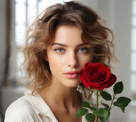 Fashion portrait of brunette girl with wavy hairstyle and professional makeup and red rose in hand.  Portrait of a young beautiful woman in a white shirt with a red rose on near her face.
