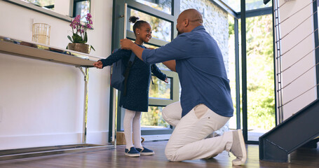 Back to school, getting ready and a girl student with her dad in their apartment together to say goodbye. Black family, kids and a man parent helping his daughter with her backpack while leaving home - obrazy, fototapety, plakaty