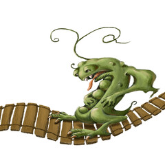 A monster in the shape of a pea pod walks across a wooden suspension bridge. Digital fantasy illustration