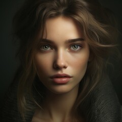 Fototapeta premium Fashion portrait of an young beautiful woman with long brown wavy hair and professional makeup. Glamour portrait of attractive woman with natural makeup and long curly hair, studio shot.