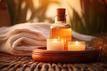 Bottle of essential oils or scented candles for relaxation