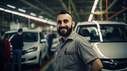 An automobile modern factory worker smiling to camera in the line of production of an electric car