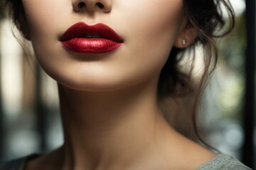 Close-up cropped photo of a brunette woman's face with bright red lipstick on plump lips, half-open mouth. Makeup, beauty, cosmetics concepts. - obrazy, fototapety, plakaty