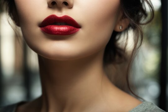 Close-up cropped photo of a brunette woman's face with bright red lipstick on plump lips, half-open mouth. Makeup, beauty, cosmetics concepts.