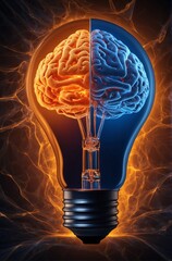 Image of a human brain model in the shape of an incandescent light bulb, contrasting cold and hot. - obrazy, fototapety, plakaty