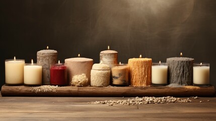 Fototapeta na wymiar A Collection Of Earth-Toned Candles On A Wooden , Background For Banner, HD