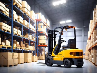 Forklift doing storage in warehouse by artificial intelligence automation. Robotics applied to industrial logistics.