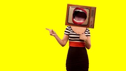 Contemporary art collage, addicted woman pointing and old tv instead of head. Modern style poster...