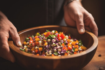 Man cooking a healthy salad in a rustic wooden bowl. Fresh and nutritious ingredients on a wooden table, creating a delicious meal. 