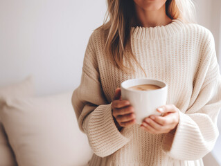 Cozy woman sitting in a bedroom, holding a large tea mug in pajamas. Enjoying a morning off in a warm sweater with pillows.