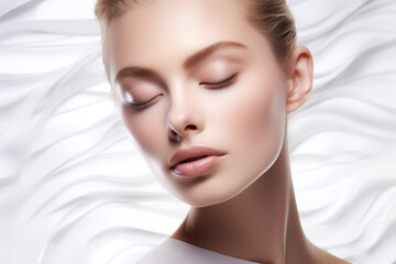 Naklejka premium Dreamlike caucasian woman with closed eyes in a white studio. Serene and ethereal beauty with a white scarf, creating a tranquil and glowing atmosphere. 