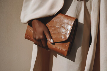 Stylish woman's hand holding a brown leather clutch bag in a studio setting. Trendy and fashionable with a focus on accessories. 