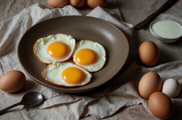 Appetizing calorie-conscious diet breakfast: sunny-side-up eggs. Photo in a rustic style.
