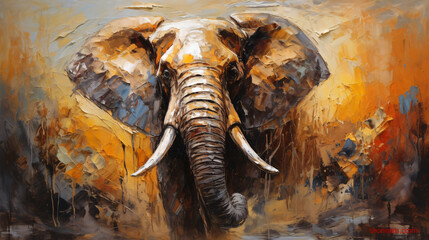 The painted elephant in oil on canvas. Contemporary