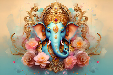 Ganesha, a Hindu mythological deity, embellished with flowers and adorned in golden decorations - obrazy, fototapety, plakaty