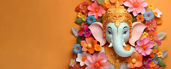 3D Hindu mythological god Ganesha adorned with flowers against an orange background