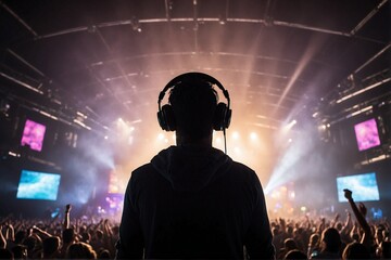 DJ dancing with hands raised in a massive hall, light music, concert, show.