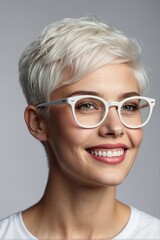 Happy Beautiful Young Woman with Short White Hair and Glasses, Close-up Portrait