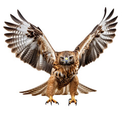 Obraz premium front view of Red-tailed Hawk bird with wings open and landing isolated on a white transparent background 