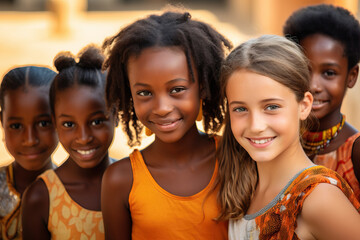 portrait of three smiling multiracial girls. - obrazy, fototapety, plakaty