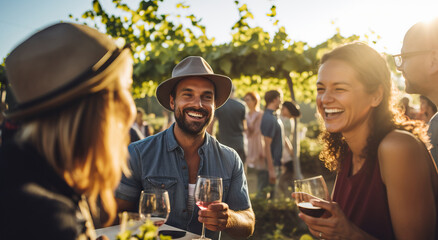 Naklejka premium people enjoying moment in winery drinking wine