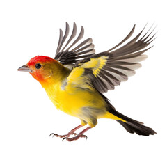 Obraz premium front view of Western Tanager bird with wings open and landing isolated on a white transparent background 