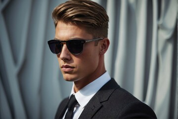 Fototapeta premium Stylish Portrait of a Fashionable Young Man in a Business Suit with Sunglasses and a Model Hairstyle