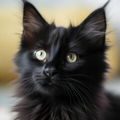 Portrait of a black Norwegian Forest Cat kitten looking up. Closeup face of a small cute  kitty at home. Portrait of a little cat with thick fur sitting in a light room beside a window.