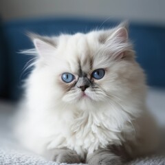 Fototapeta premium Portrait of a cute blue point Himalayan kitten looking forward. Portrait of an adorable Himalayan kitty with colorpoint fur lying in a light room beside a window. Beautiful small cat at home.