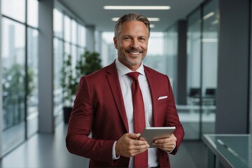 Sophisticated business man in a dark red suit with a tablet in his hands