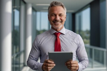 Fototapeta premium A stylish businessman in a business suit with a red tie holds a tablet in his hands and smiles