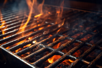 Close up of empty grill with fire in background of modern restaurant. Cooking concept of food and...