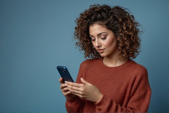 Beautiful young woman with curly chestnut hair holding a smartphone and looking at it