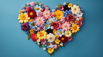 Top view arrangement of colorful flowers with heart