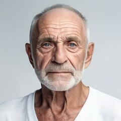 Obraz premium Portrait of a senior man. Isolated on grey background. Closeup portrait of a sad senior man with grey hair looking to camera.