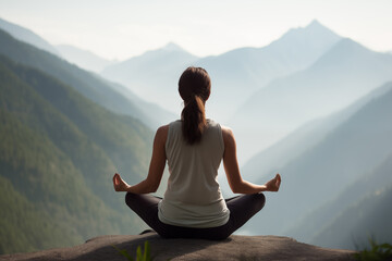 Naklejka na ściany i meble Woman practicing yoga in mountains, meditating outdoors. Meditation, healthy lifestyle, relaxation, yoga, self care, mindfulness concept. Generated using AI tools