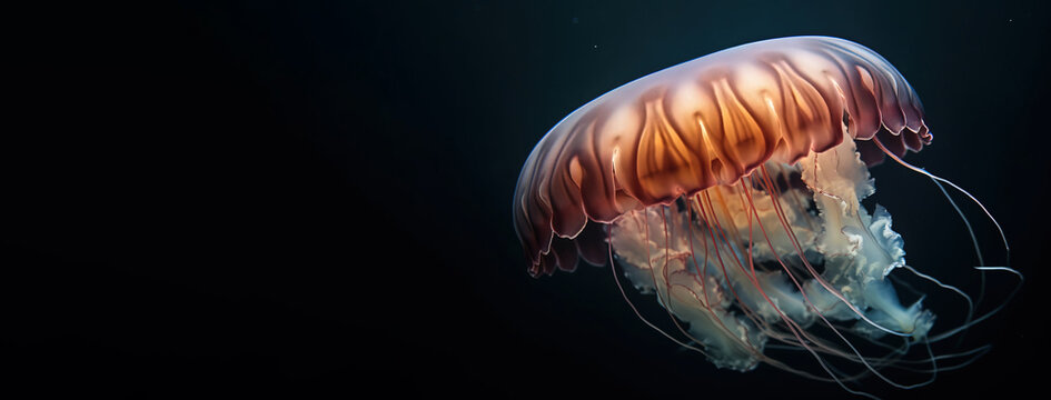 Group of rare colored jellyfish close-up, dark background. AI generated.