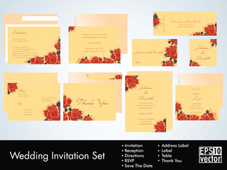Beautiful Roses Decorated Wedding Invitation, Rsvp and Thank you card layout for save the date concept.