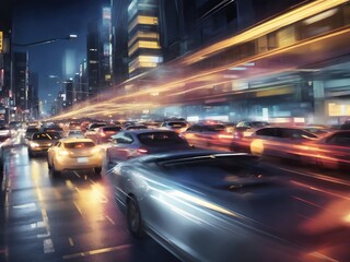 High speed luxury sedan driving in the city - futuristic car concept (with grunge overlay) generic and brand less - 3d illustration