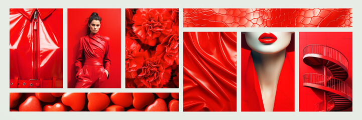 Inspiring fashion mood board. Collage with top colors photos. Red aesthetic