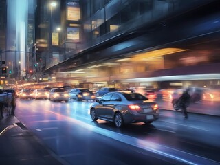 High speed luxury sedan driving in the city - futuristic car concept (with grunge overlay) generic and brand less - 3d illustration