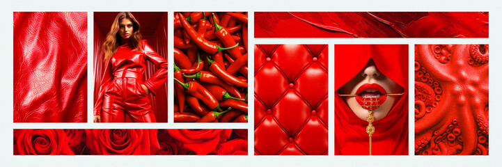 Inspiring fashion mood board. Collage with top colors photos. Red aesthetic
