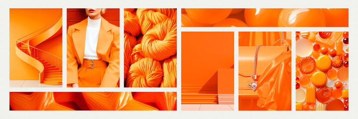 Inspiring fashion mood board. Collage with top colors photos. Orange aesthetic