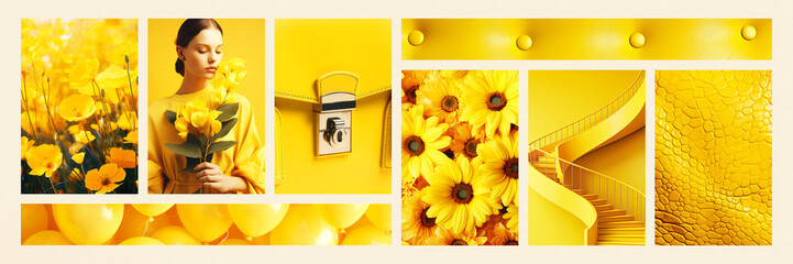 Inspiring fashion mood board. Collage with top colors photos. Yellow aesthetic