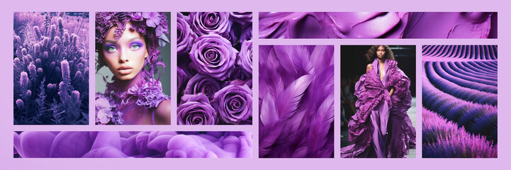 Inspiring fashion mood board. Collage with top colors photos. Purple aesthetic
