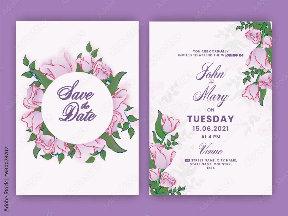 Poster Beautiful Floral Wedding Card Template In Front And Back View.